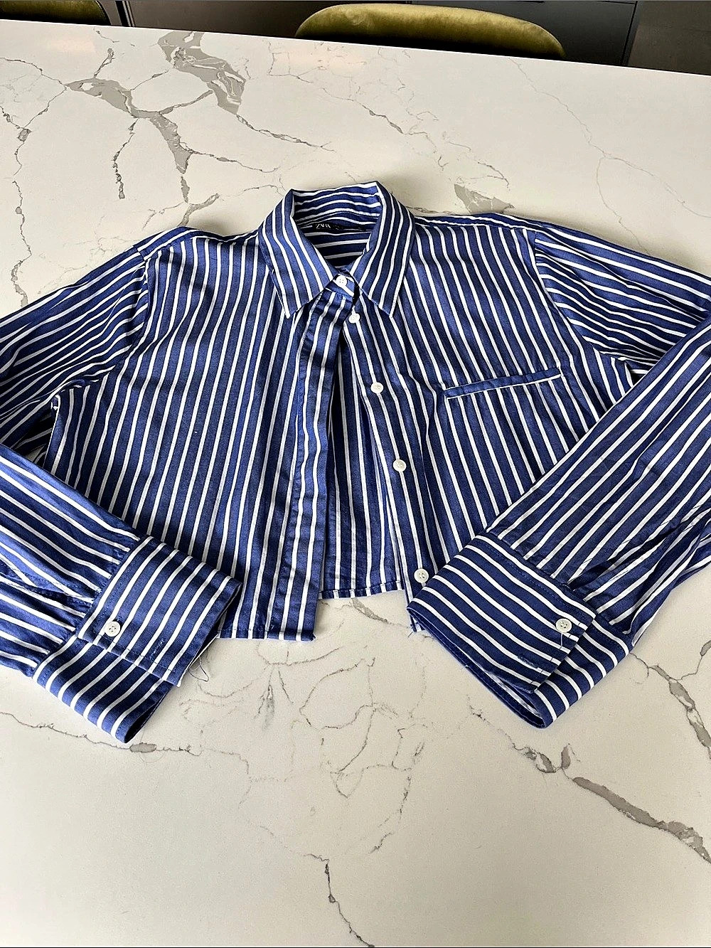 Zara Striped Poplin Crop Shirt Blue & White Large
